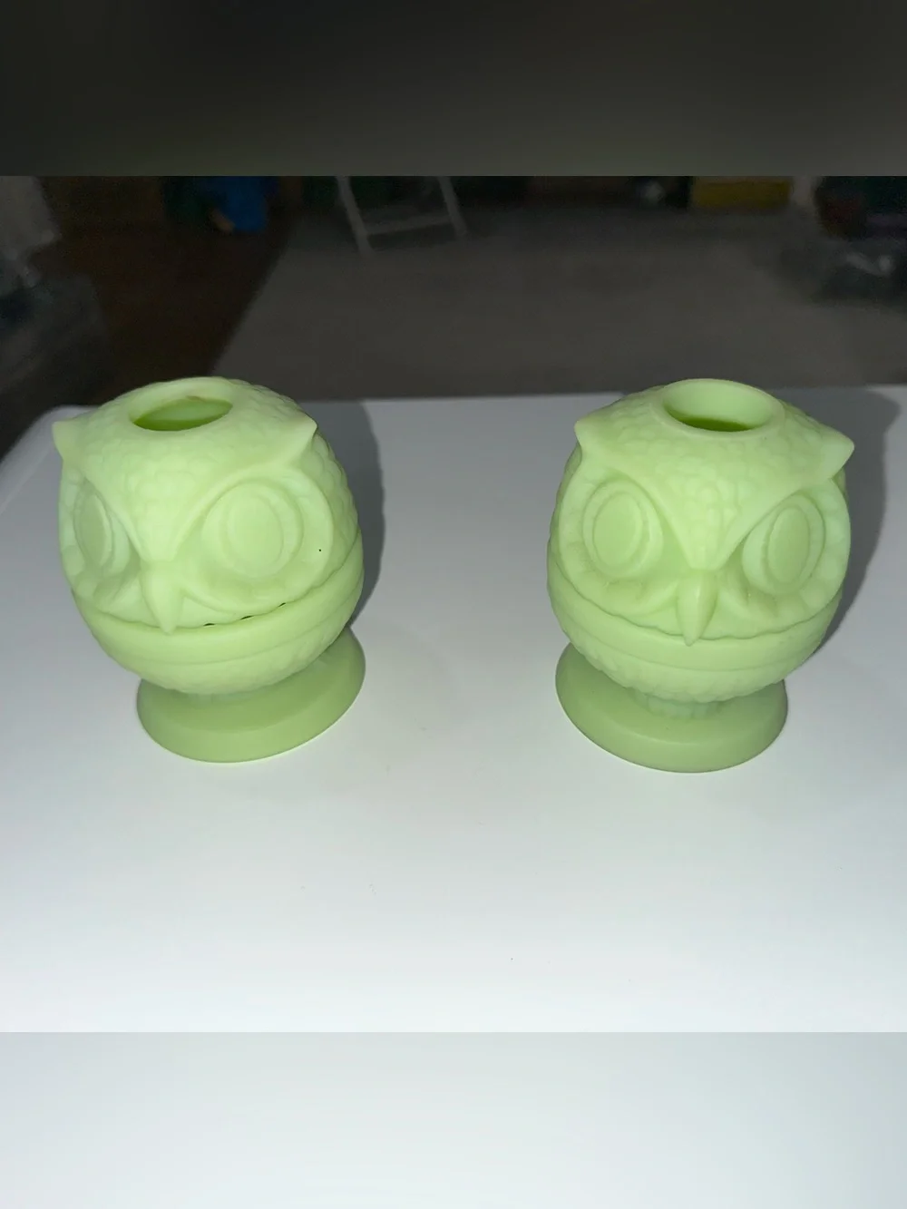 FEBTON VINTAGE PALE GREEN URANIUM GLASS OWLS PAIR EUC FAIRY LAMPS RARE HTF